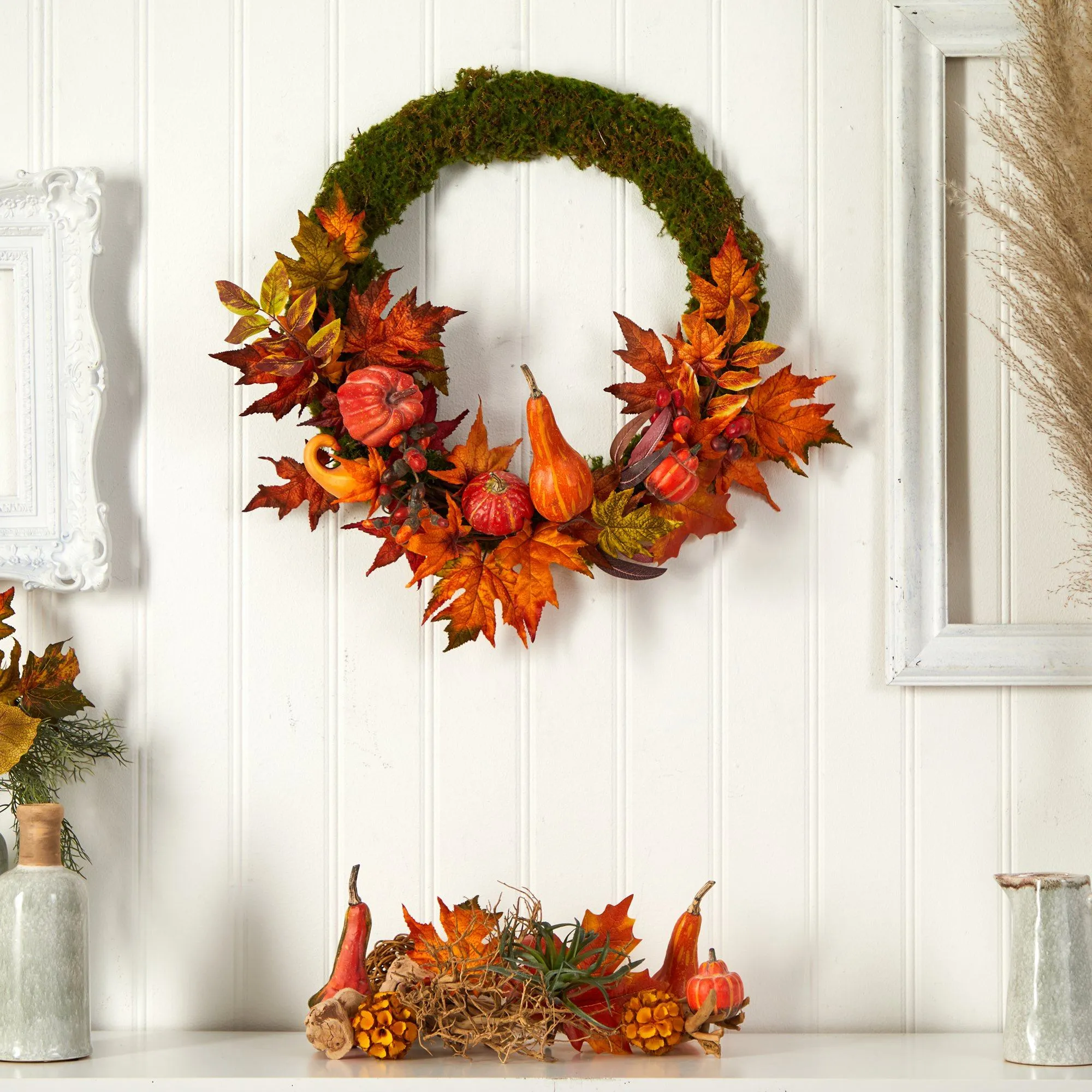 20” Autumn Pumpkin, Gourd and Fall Maple Leaf Artificial Wreath by Nearly Natural