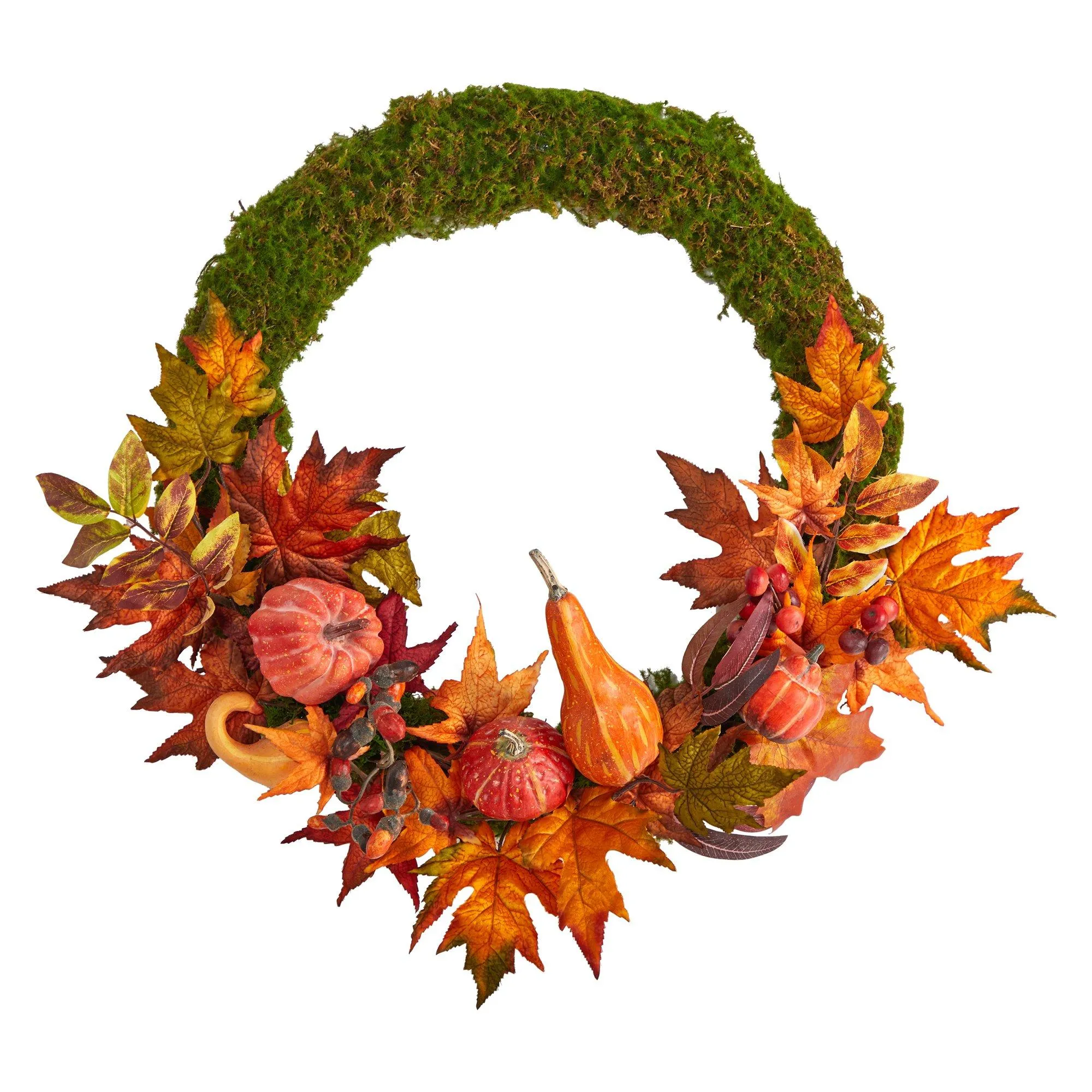 20” Autumn Pumpkin, Gourd and Fall Maple Leaf Artificial Wreath by Nearly Natural