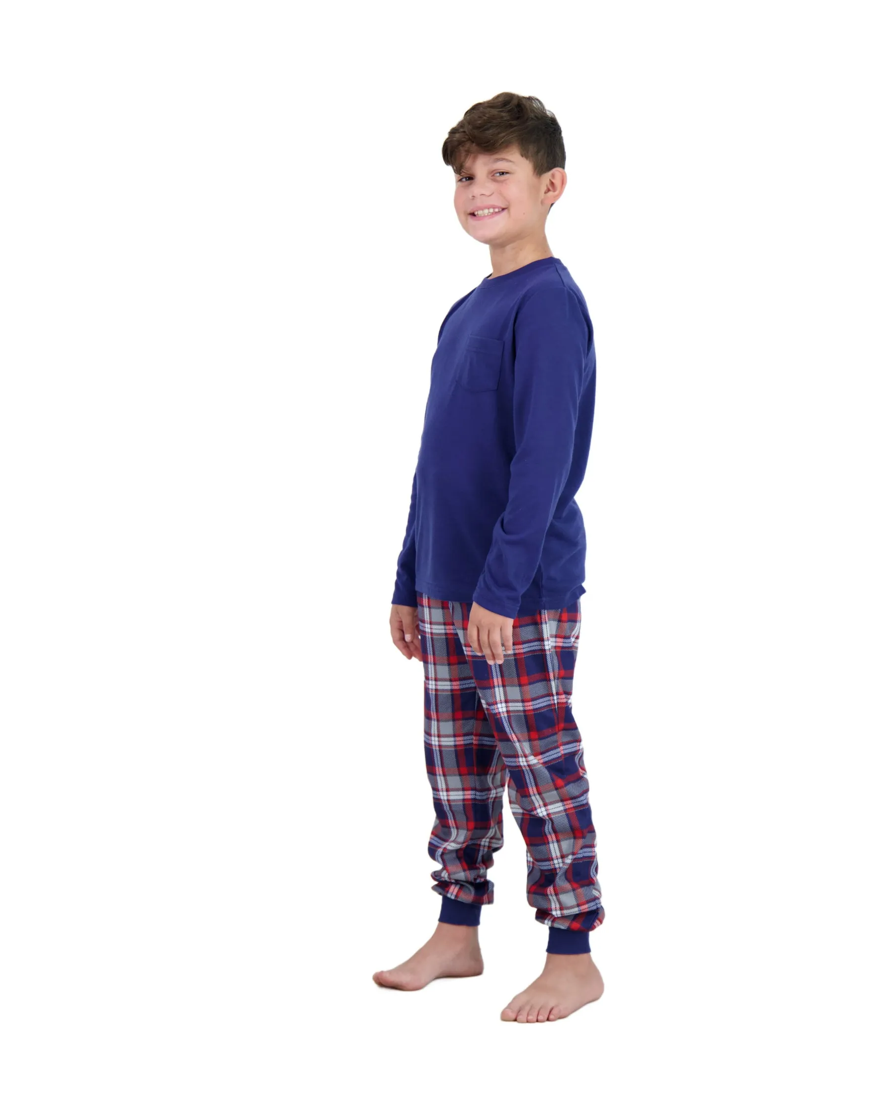 Boys 2-Piece Brushed Jersey Plaid Pajama Sets, Navy, Purple & Red Pajama Sets for Boys