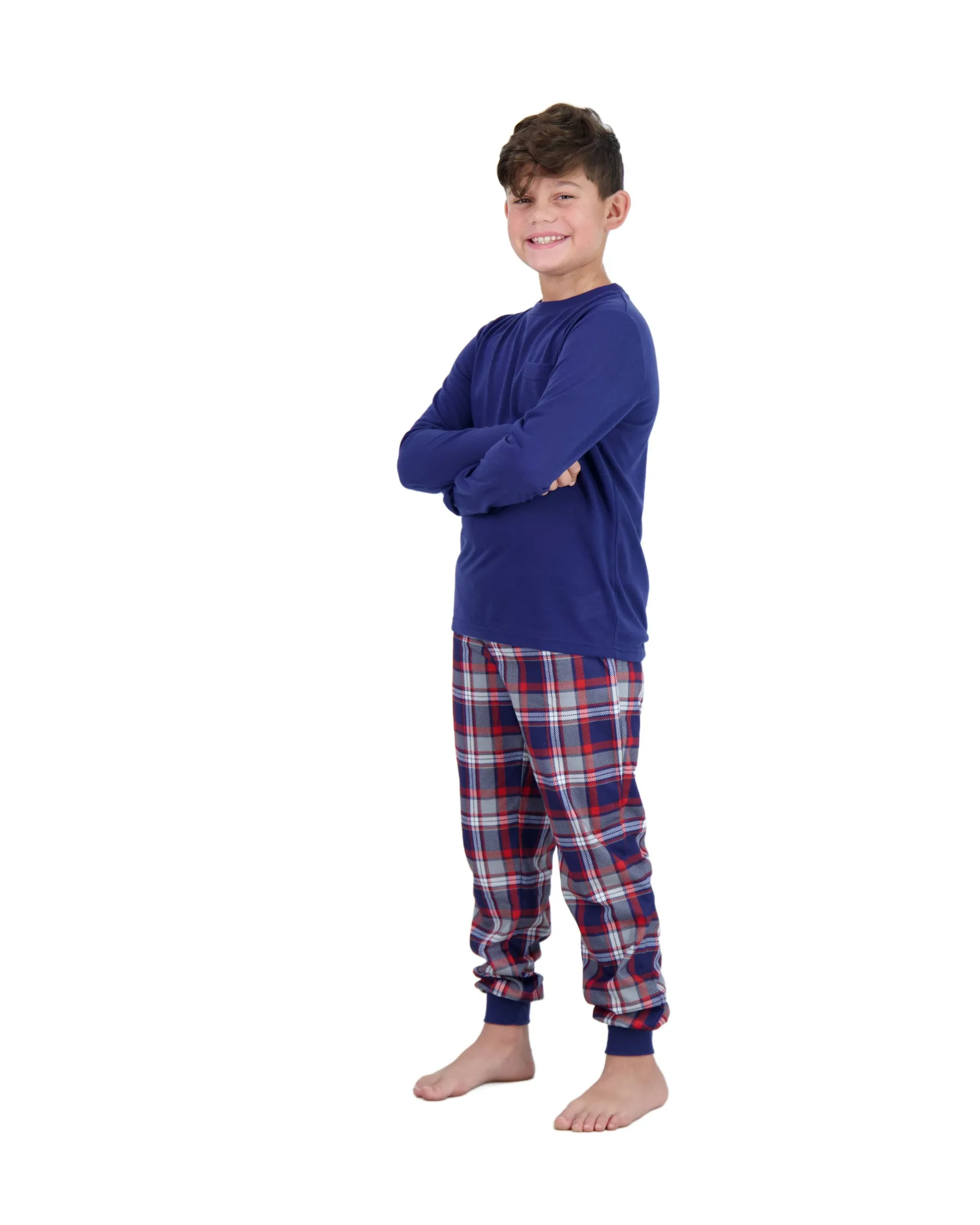 Boys 2-Piece Brushed Jersey Plaid Pajama Sets, Navy, Purple & Red Pajama Sets for Boys