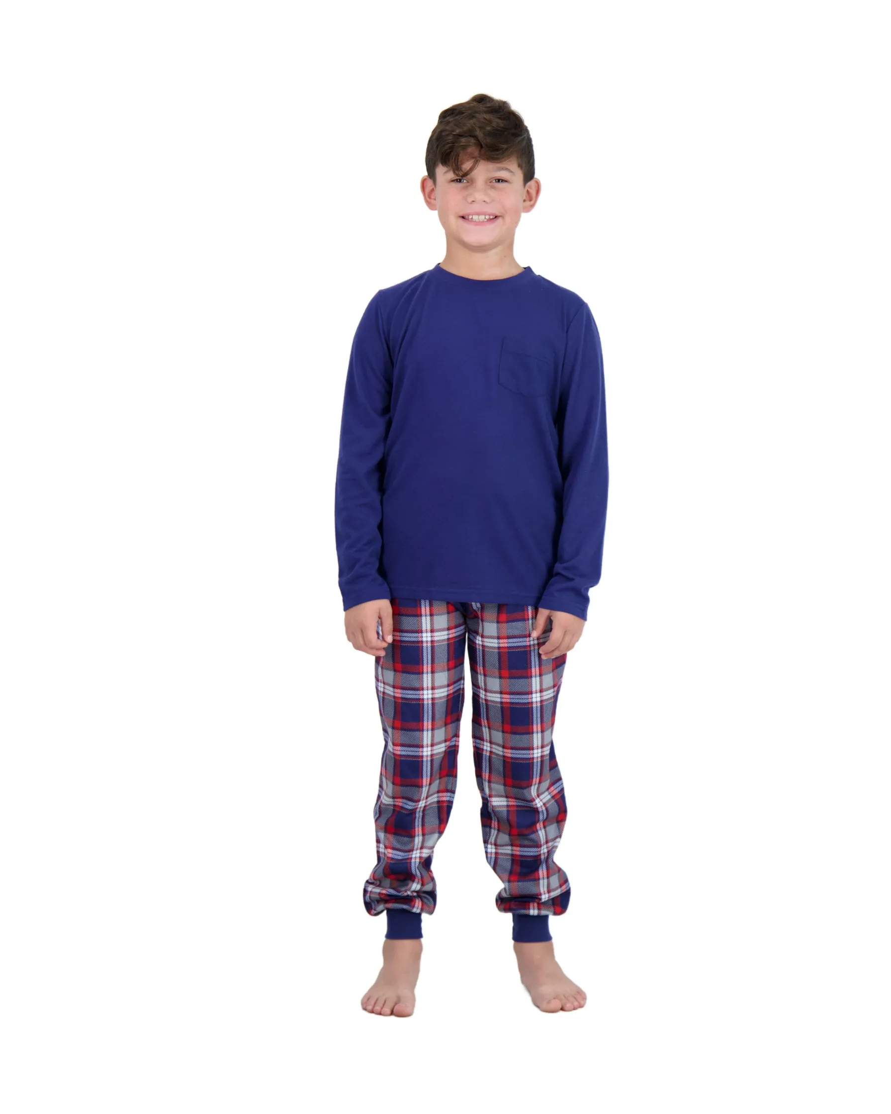 Boys 2-Piece Brushed Jersey Plaid Pajama Sets, Navy, Purple & Red Pajama Sets for Boys