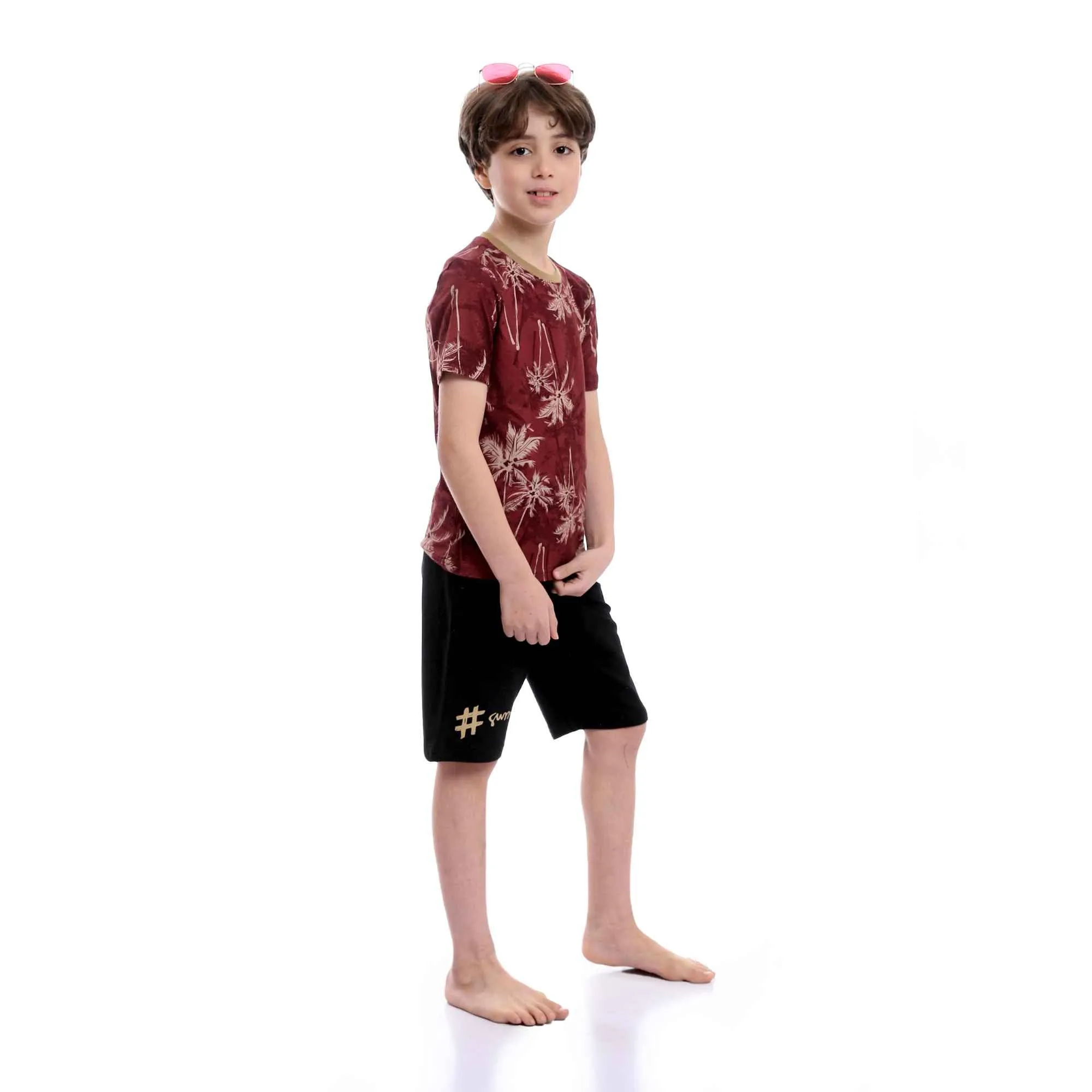 Boys Palm Tree Tee & Shorts Pajama Set - Burgundy & Black