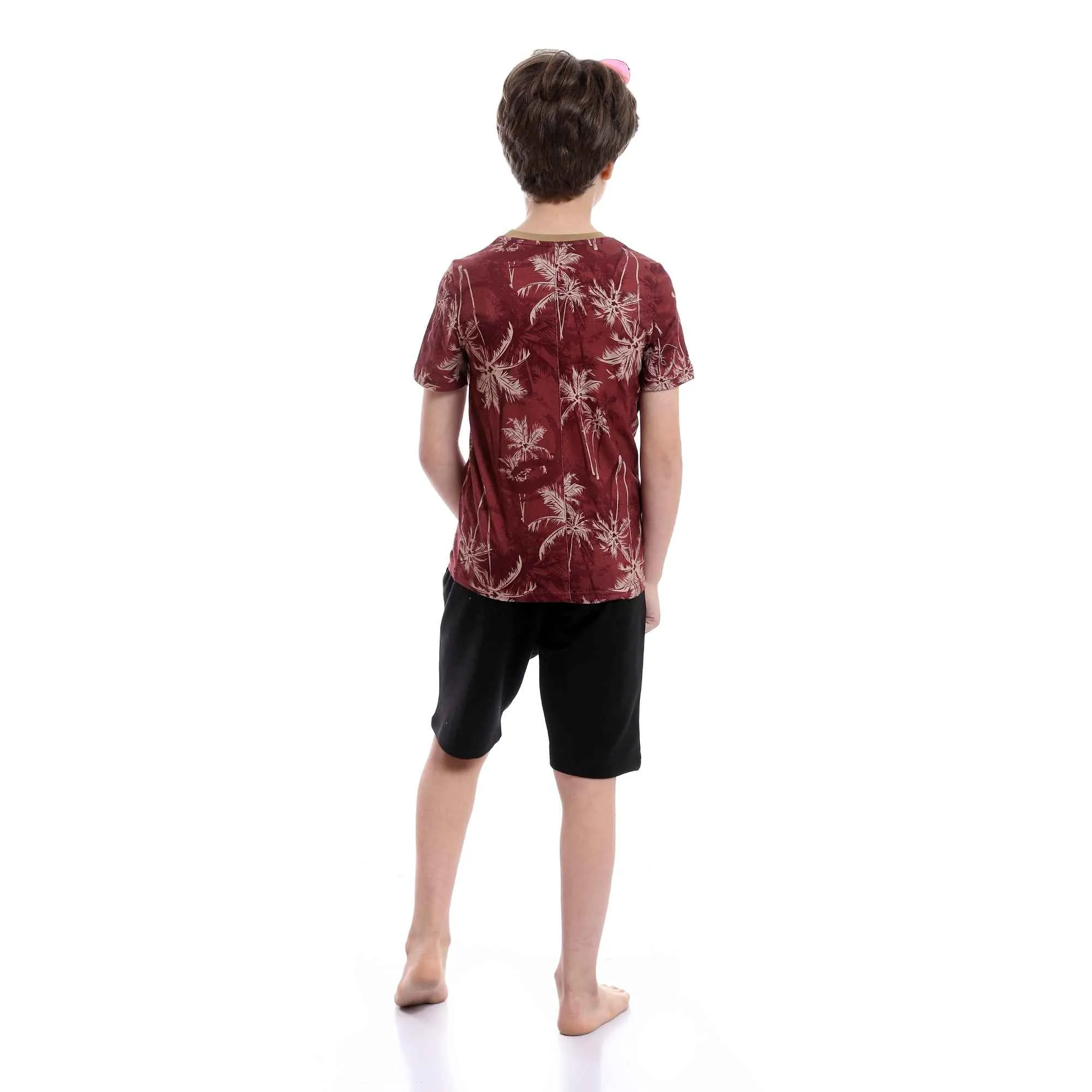 Boys Palm Tree Tee & Shorts Pajama Set - Burgundy & Black