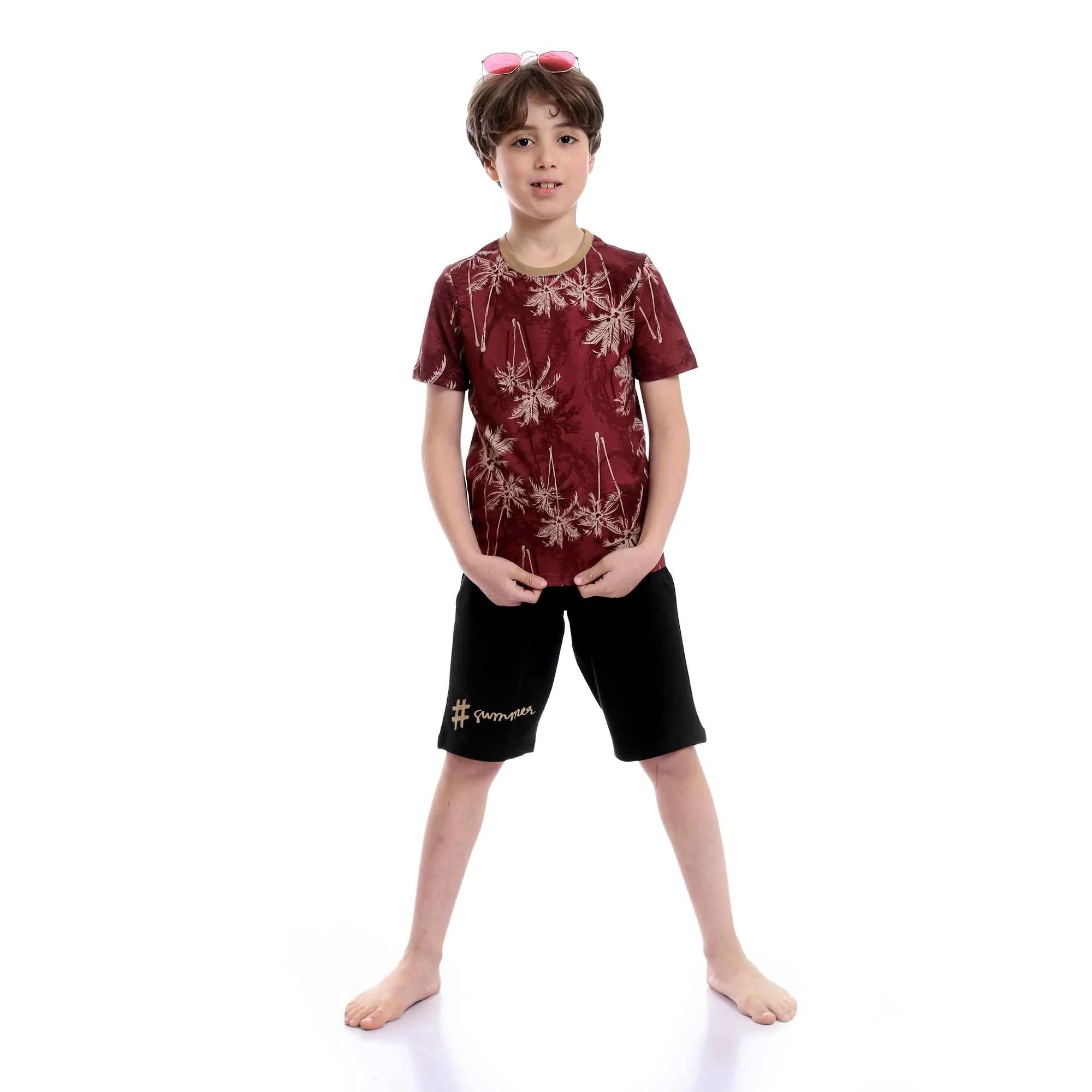 Boys Palm Tree Tee & Shorts Pajama Set - Burgundy & Black