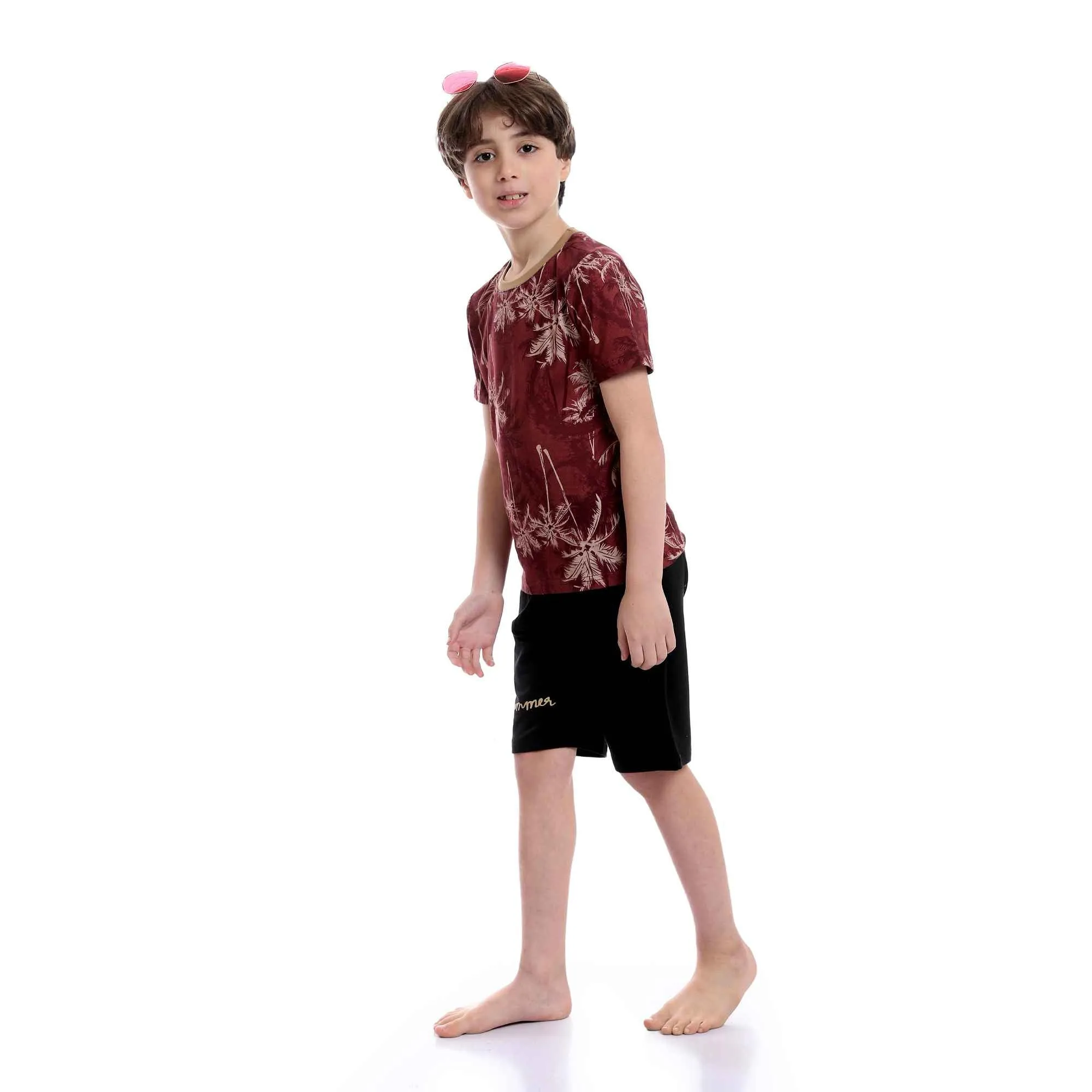 Boys Palm Tree Tee & Shorts Pajama Set - Burgundy & Black