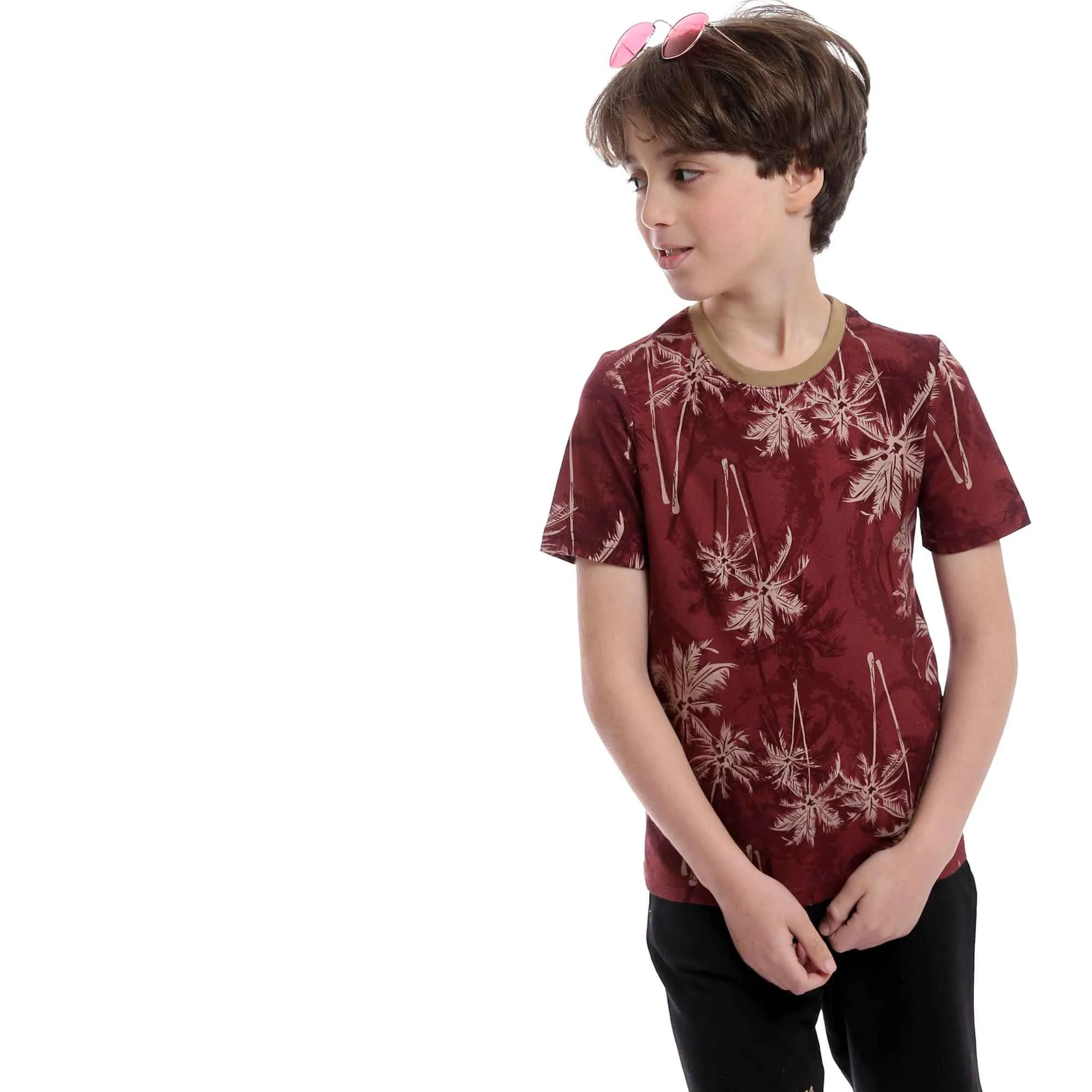 Boys Palm Tree Tee & Shorts Pajama Set - Burgundy & Black