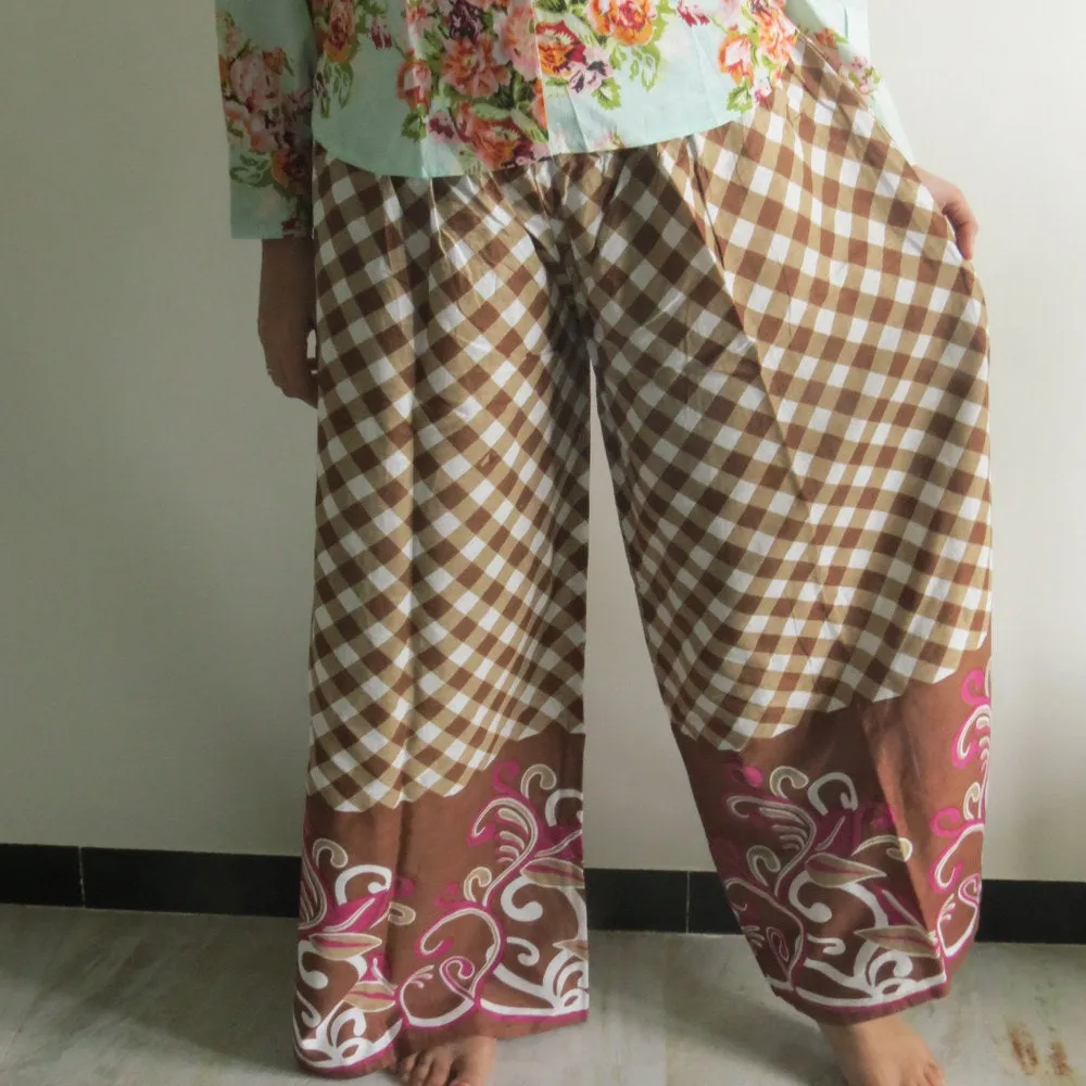 Brown Plaid Wide Legged Elastic Pajamas