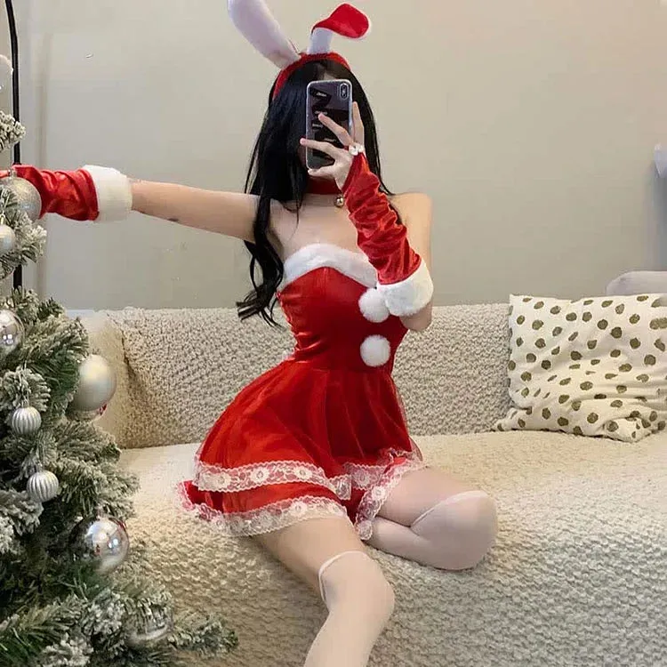 Christmas Cute Sexy Cosplay Fuzzy Ball Double Lace Dress