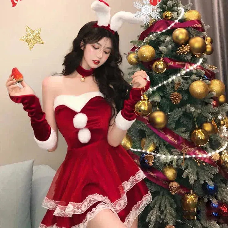 Christmas Cute Sexy Cosplay Fuzzy Ball Double Lace Dress