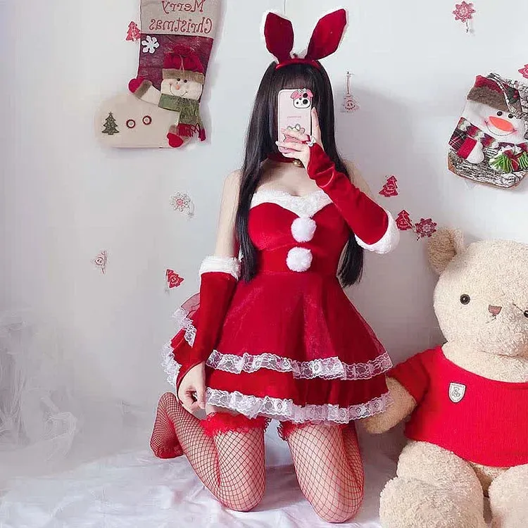 Christmas Cute Sexy Cosplay Fuzzy Ball Double Lace Dress