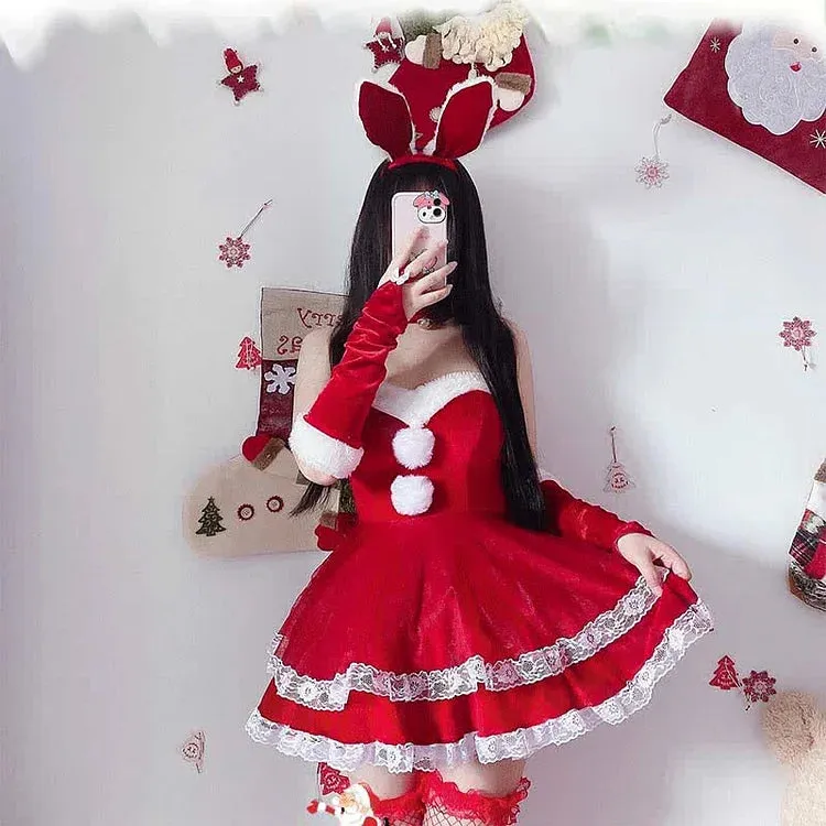 Christmas Cute Sexy Cosplay Fuzzy Ball Double Lace Dress