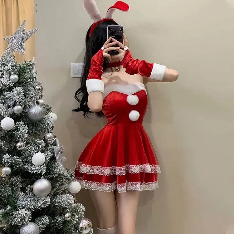 Christmas Cute Sexy Cosplay Fuzzy Ball Double Lace Dress