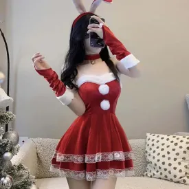 Christmas Cute Sexy Cosplay Fuzzy Ball Double Lace Dress