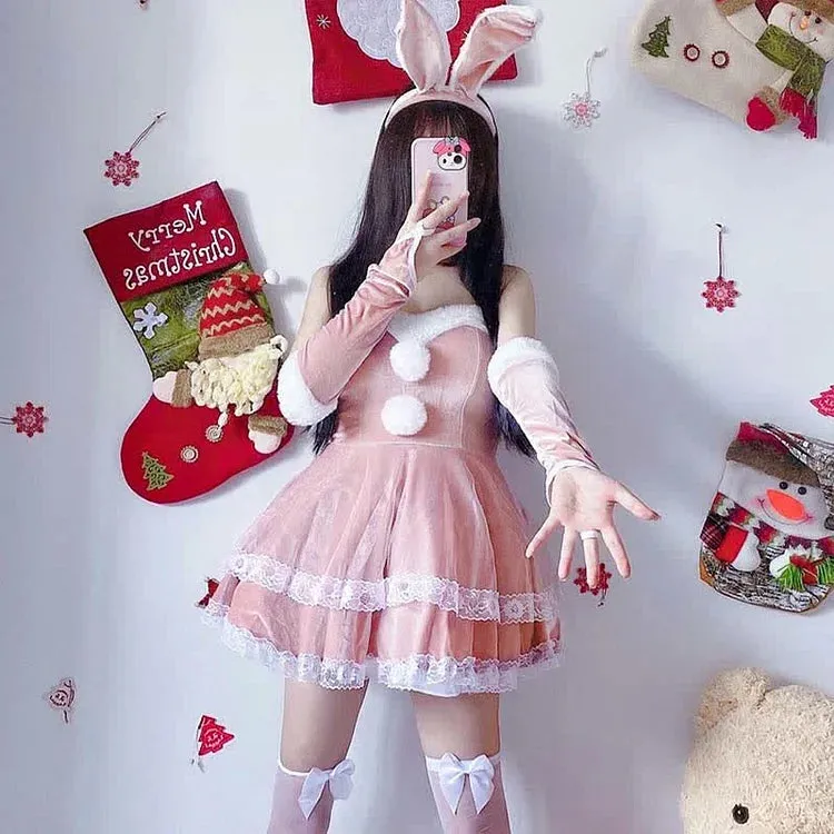 Christmas Cute Sexy Cosplay Fuzzy Ball Double Lace Dress