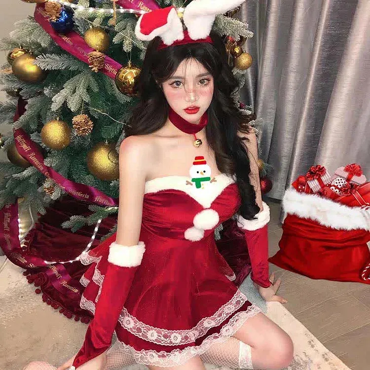 Christmas Cute Sexy Cosplay Fuzzy Ball Double Lace Dress