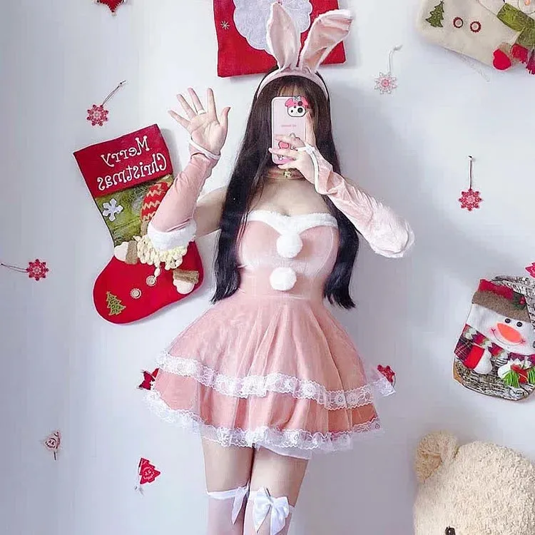 Christmas Cute Sexy Cosplay Fuzzy Ball Double Lace Dress