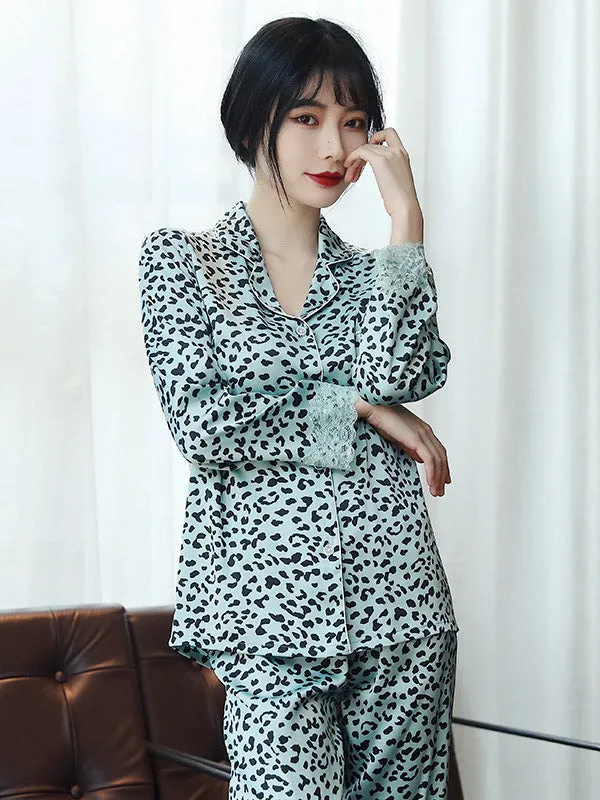 Comfortable Lapel Leopard T-Shirt&Pants Pajama Set