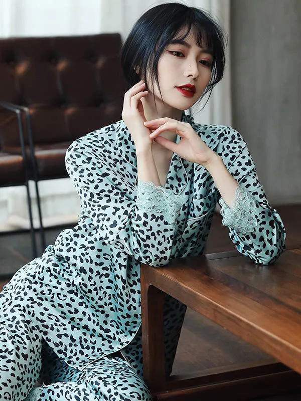 Comfortable Lapel Leopard T-Shirt&Pants Pajama Set