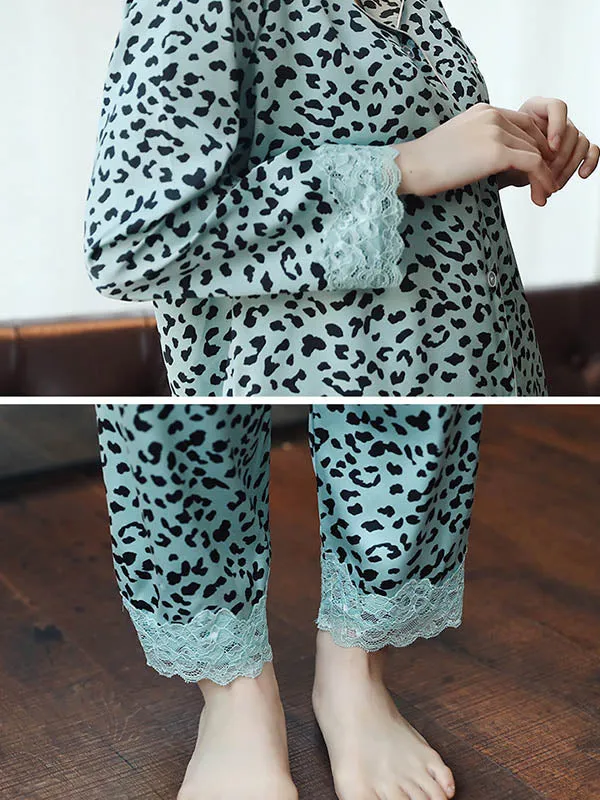 Comfortable Lapel Leopard T-Shirt&Pants Pajama Set