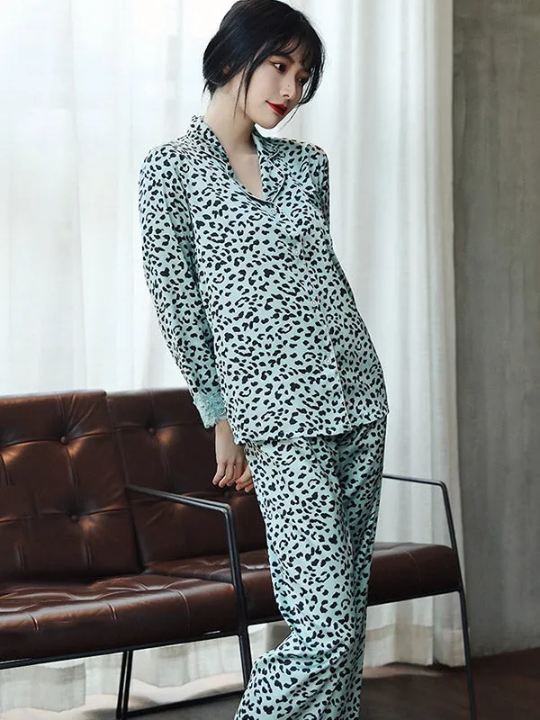 Comfortable Lapel Leopard T-Shirt&Pants Pajama Set