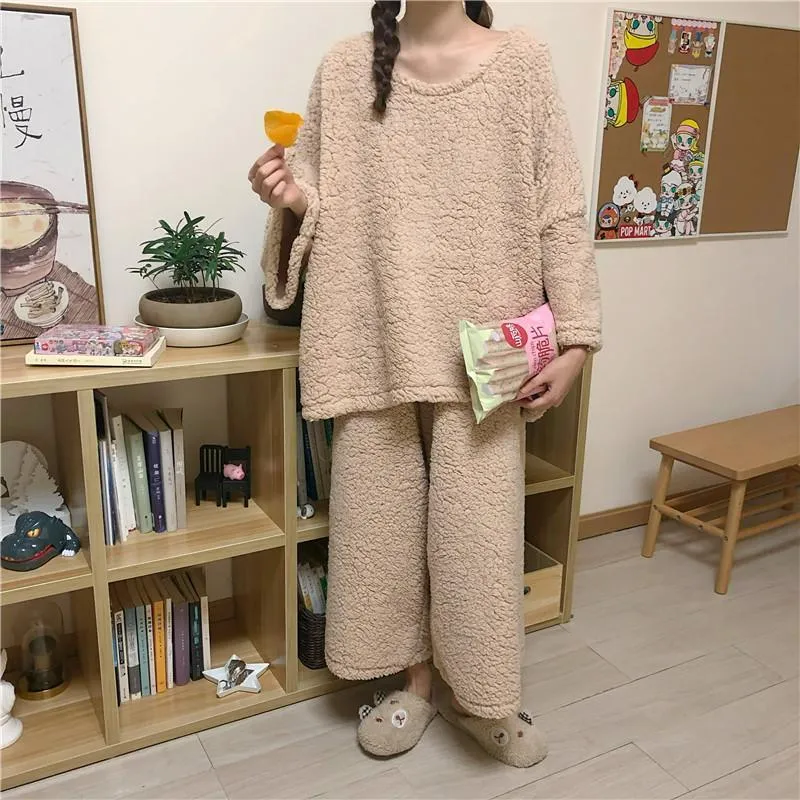 Comfy Solid Colors Sweatshirt   Pants Loose Pajama Set