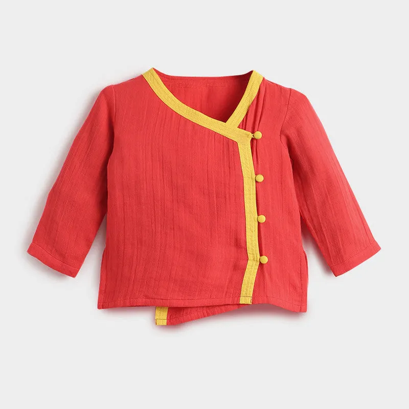 Cotton Hibiscus Kurta Set For Baby | Red