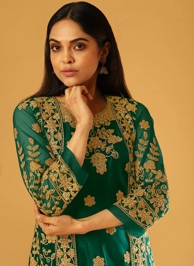 Dark Green Embroidery Jacket Style Festive Pant Suit