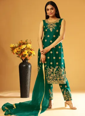 Dark Green Embroidery Jacket Style Festive Pant Suit