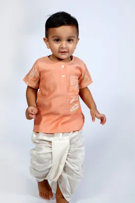 Designer Chanderi Short Ethnic Kurta with Dhoti for Boys - Peach