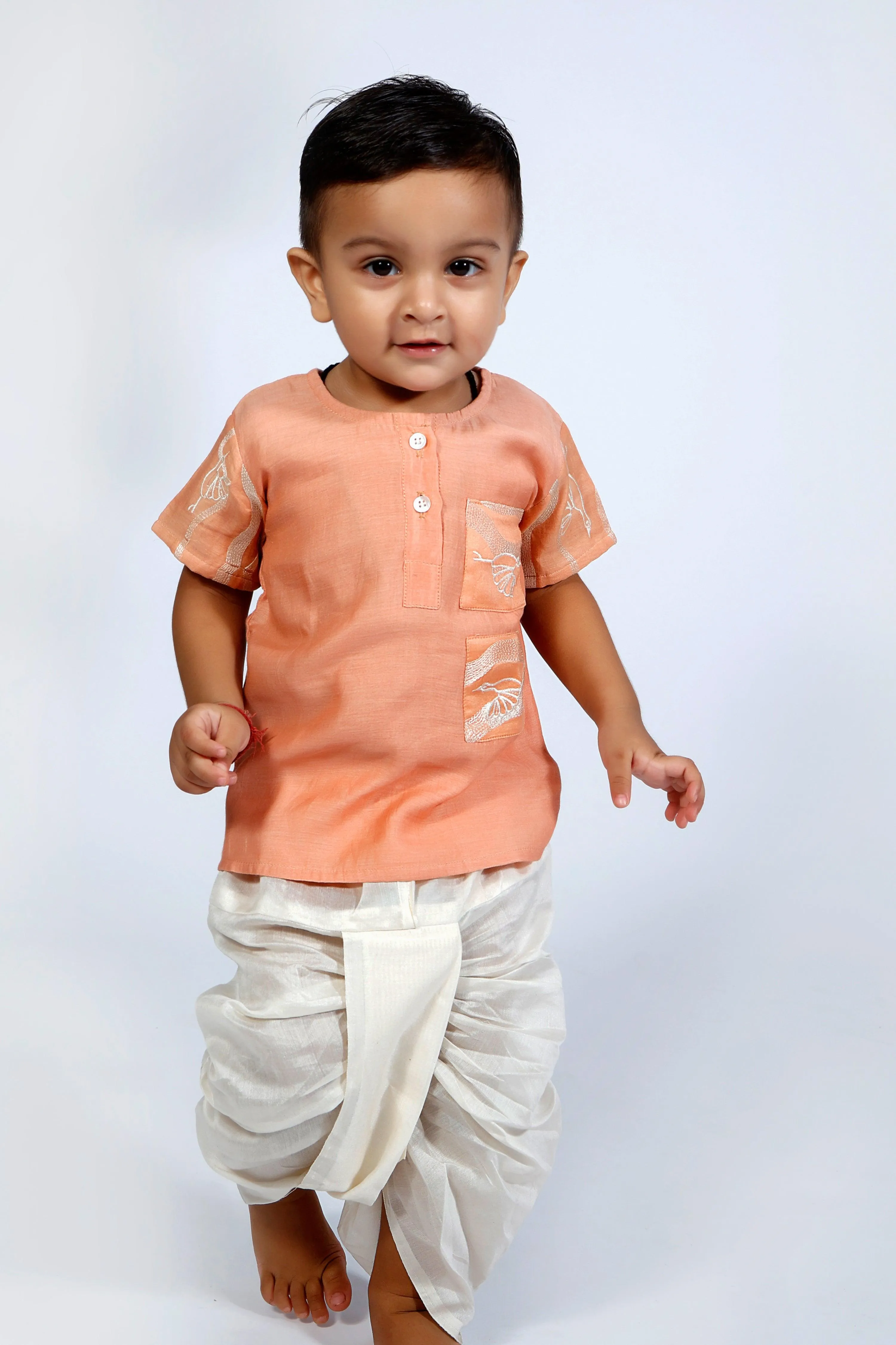 Designer Chanderi Short Ethnic Kurta with Dhoti for Boys - Peach