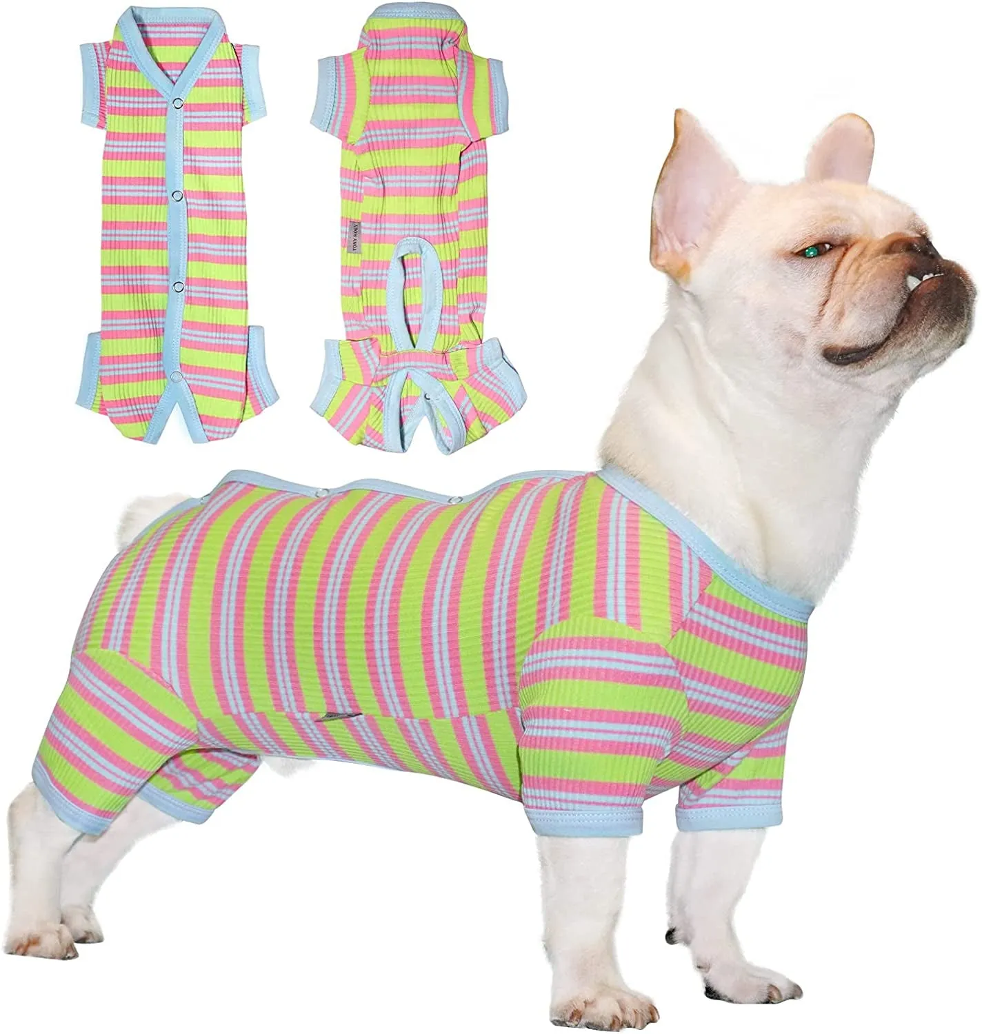 Dog Pajamas, Female/Male Dog Jumpsuit Pet Clothes with Colorful Stripe, Dog 4 Legged Pajamas Knit Clothes for Small Medium Size Dog (Green&Purple, Boy, XS)