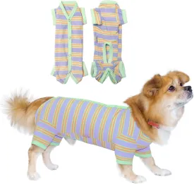 Dog Pajamas, Female/Male Dog Jumpsuit Pet Clothes with Colorful Stripe, Dog 4 Legged Pajamas Knit Clothes for Small Medium Size Dog (Green&Purple, Boy, XS)