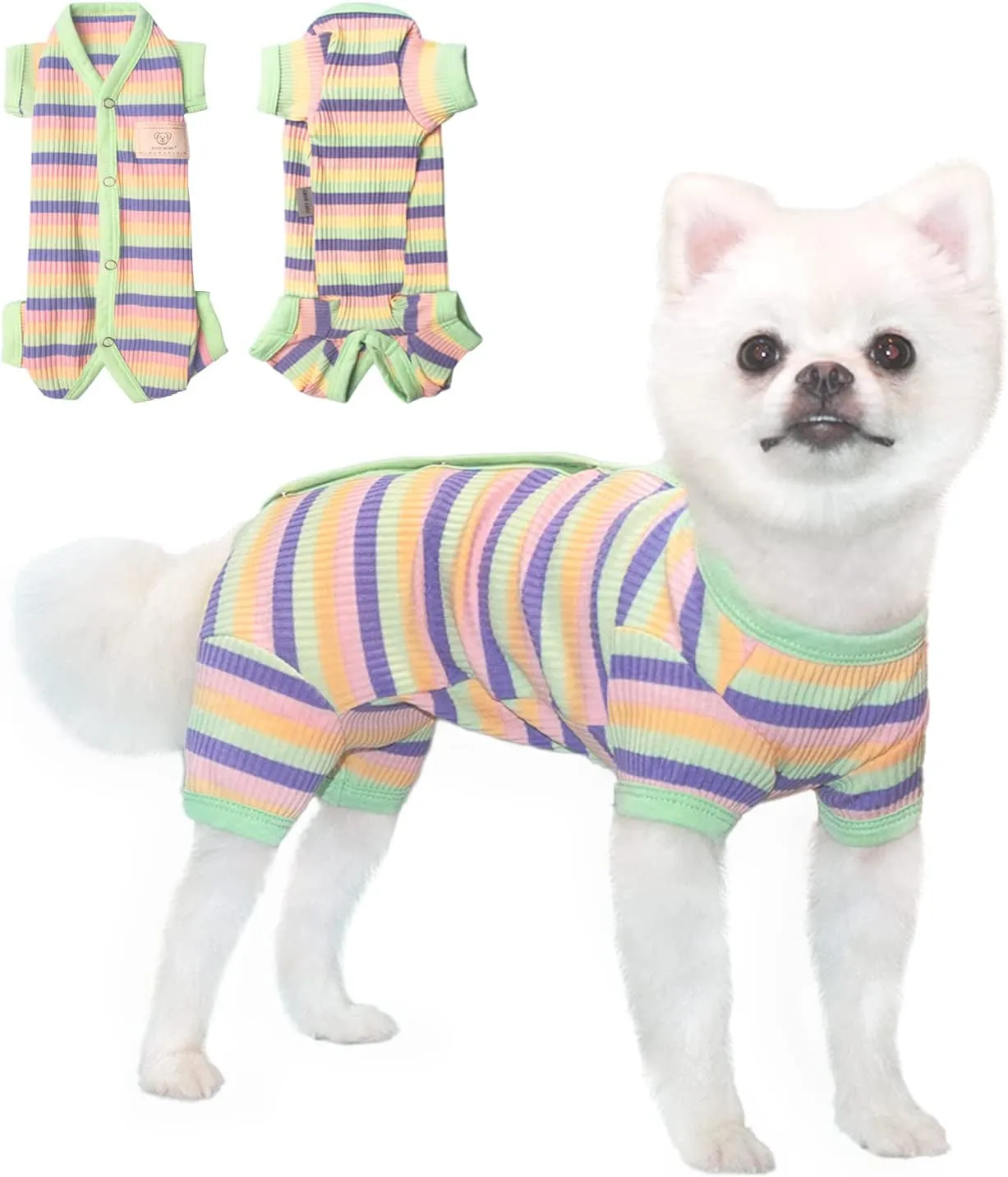 Dog Pajamas, Female/Male Dog Jumpsuit Pet Clothes with Colorful Stripe, Dog 4 Legged Pajamas Knit Clothes for Small Medium Size Dog (Green&Purple, Boy, XS)