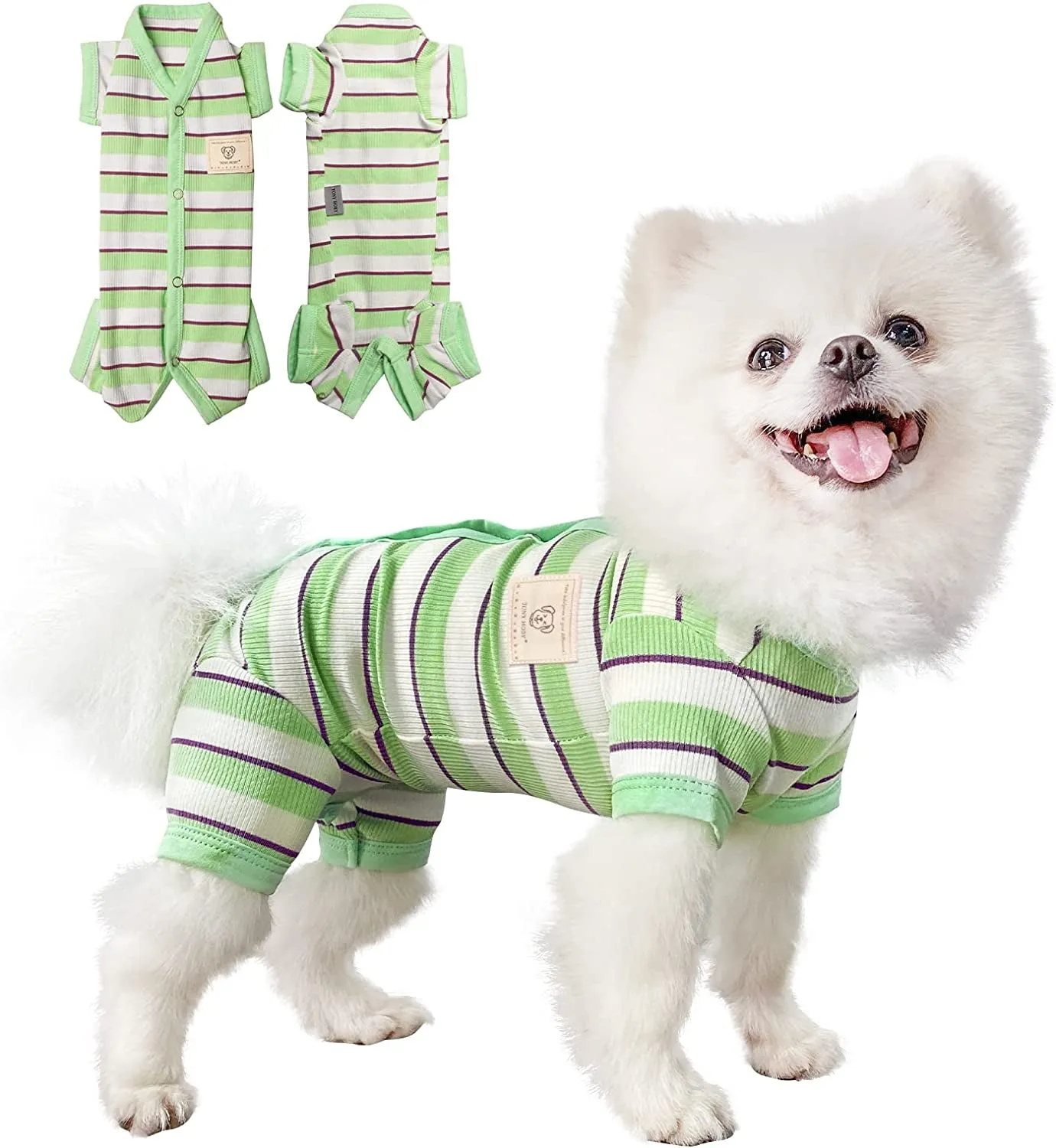 Dog Pajamas, Female/Male Dog Jumpsuit Pet Clothes with Colorful Stripe, Dog 4 Legged Pajamas Knit Clothes for Small Medium Size Dog (Green&Purple, Boy, XS)