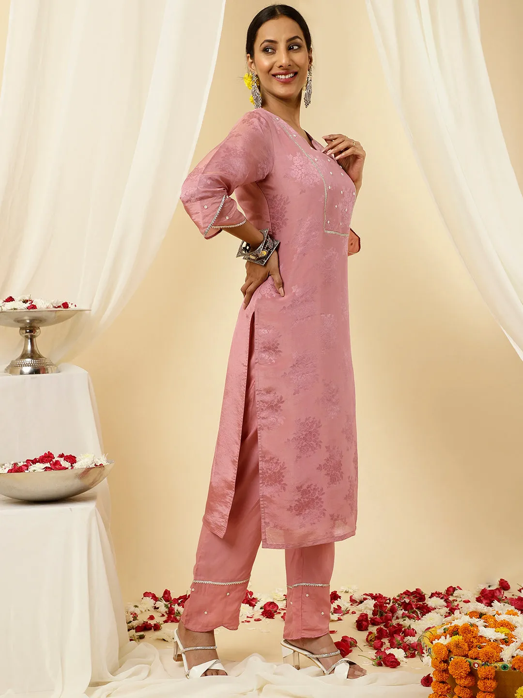 Embellished Lavender Pure Jacquard Silk Straight Kurta With Pants And Organza Dupatta