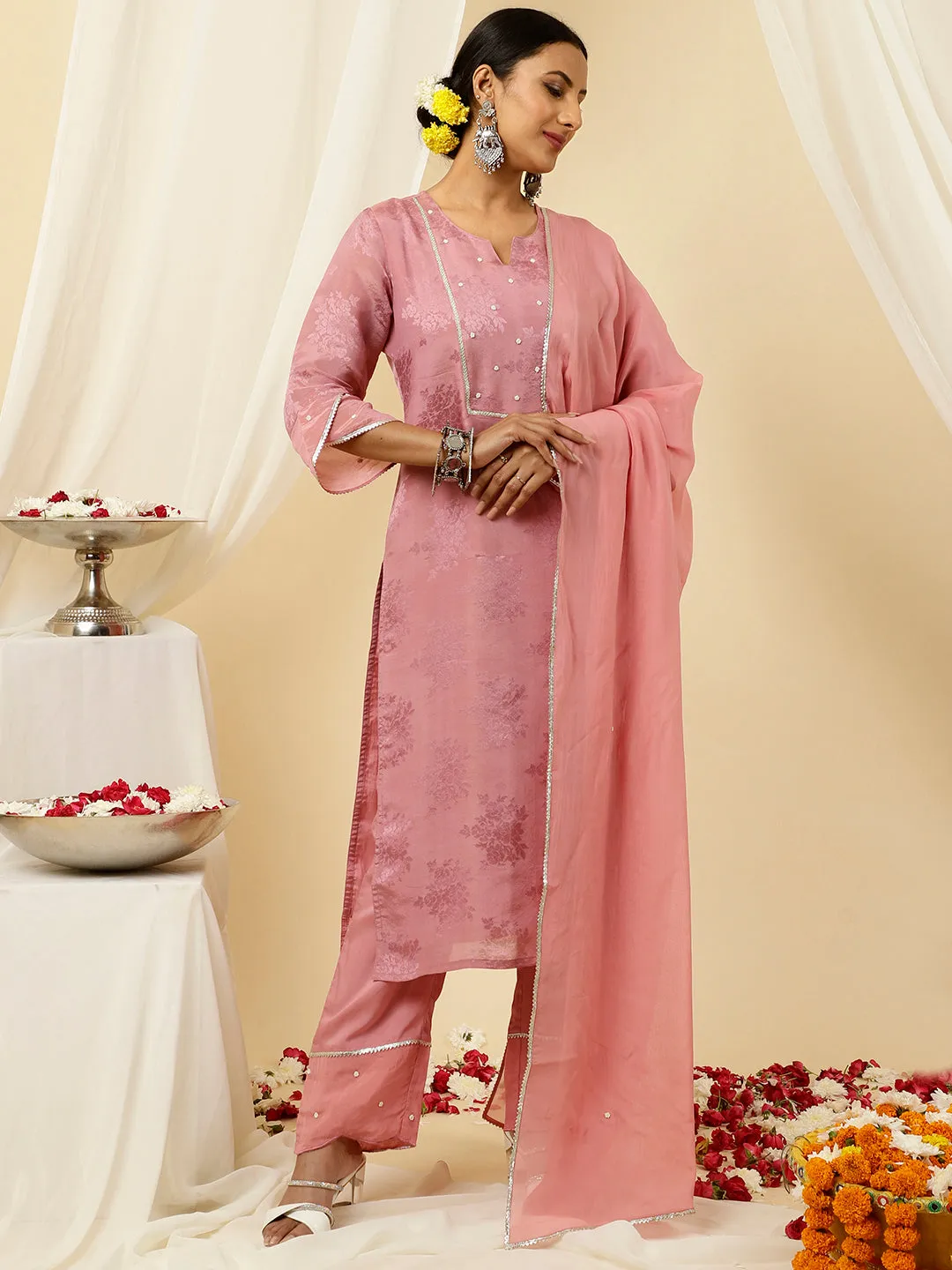 Embellished Lavender Pure Jacquard Silk Straight Kurta With Pants And Organza Dupatta