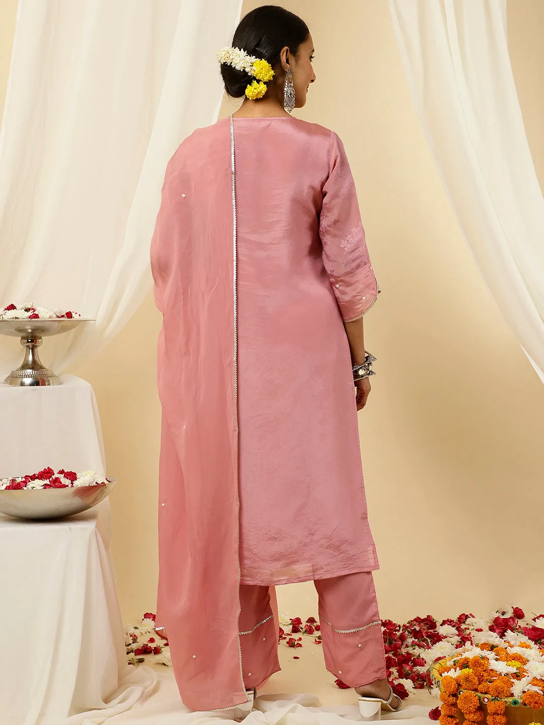 Embellished Lavender Pure Jacquard Silk Straight Kurta With Pants And Organza Dupatta