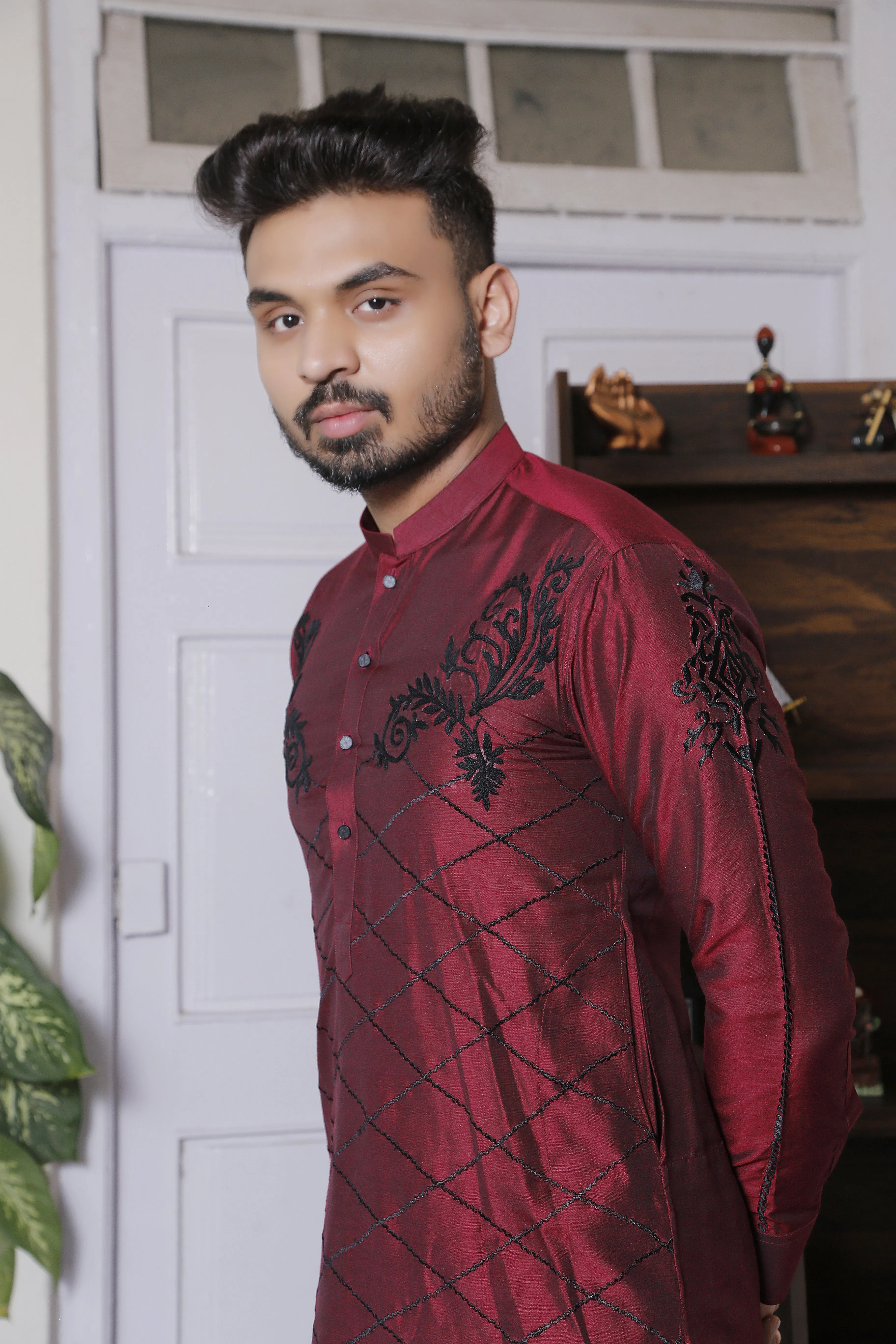 ER Emb 620 Maroon Cotton Silk Kurta Pajama With Black Extravagant Embroidery