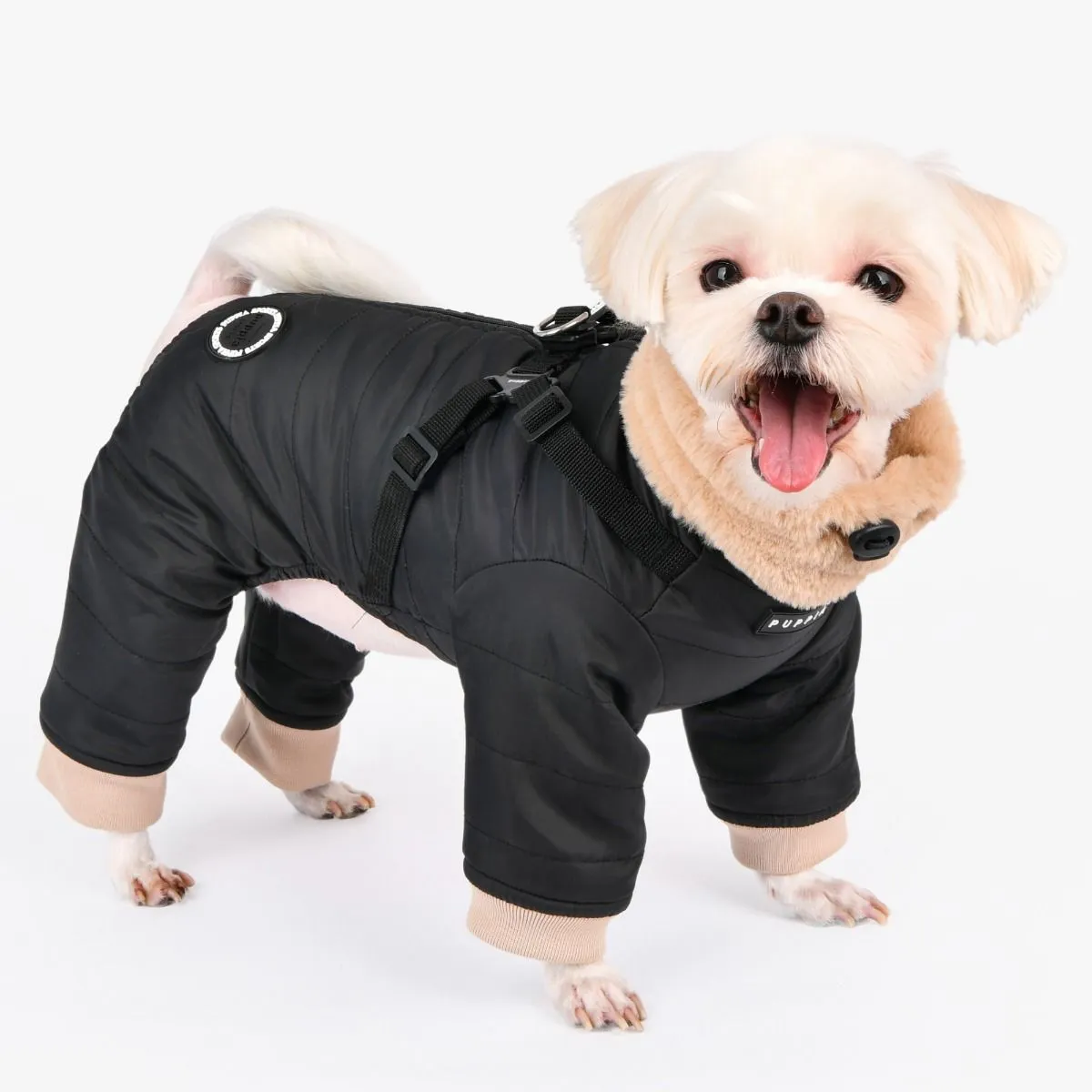 everson fuzzy neck snowsuit with harness - black