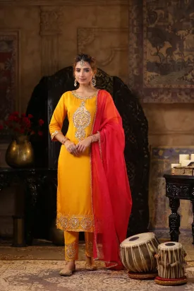 Festive Yellow Embellished Raw Silk Kurta Set