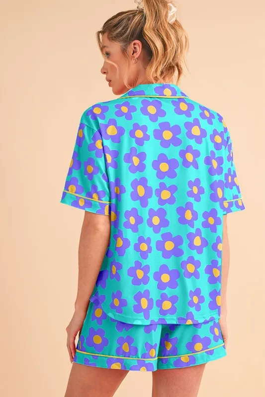 Flower Power Short Sleeve Shirt Pajamas Set