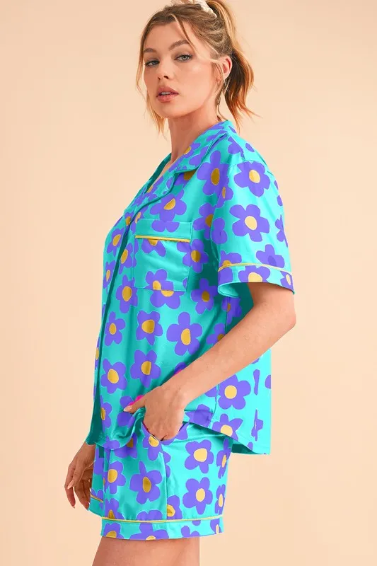 Flower Power Short Sleeve Shirt Pajamas Set