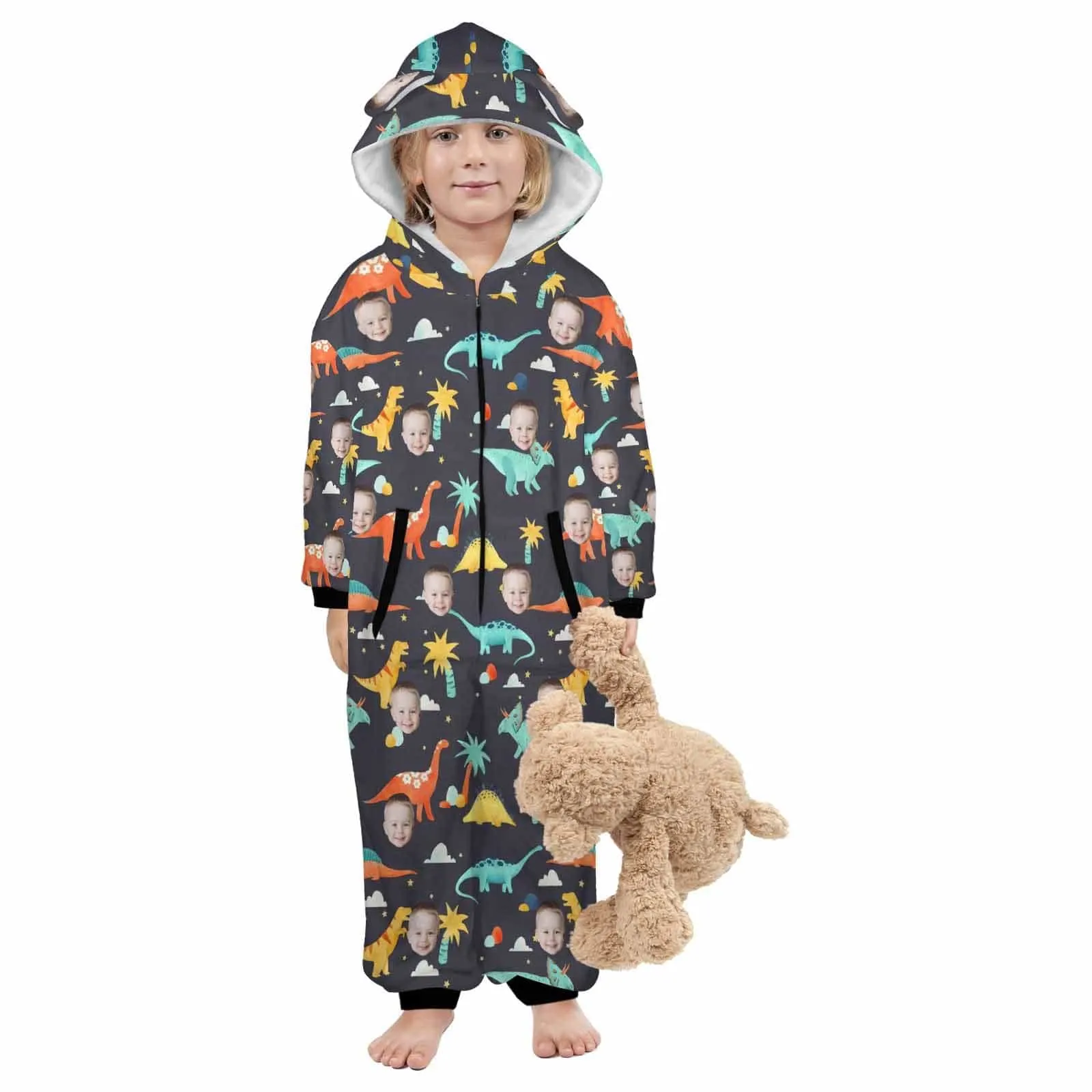 #For 2-15Y-Custom Face Dinosaur Children's Coral Fleece Comfortable And Warm Zipper Onesie Pajamas One Piece Sleepwear