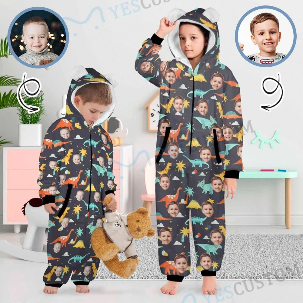 #For 2-15Y-Custom Face Dinosaur Children's Coral Fleece Comfortable And Warm Zipper Onesie Pajamas One Piece Sleepwear