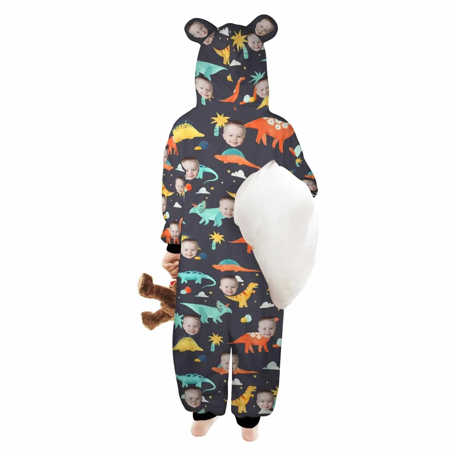 #For 2-15Y-Custom Face Dinosaur Children's Coral Fleece Comfortable And Warm Zipper Onesie Pajamas One Piece Sleepwear