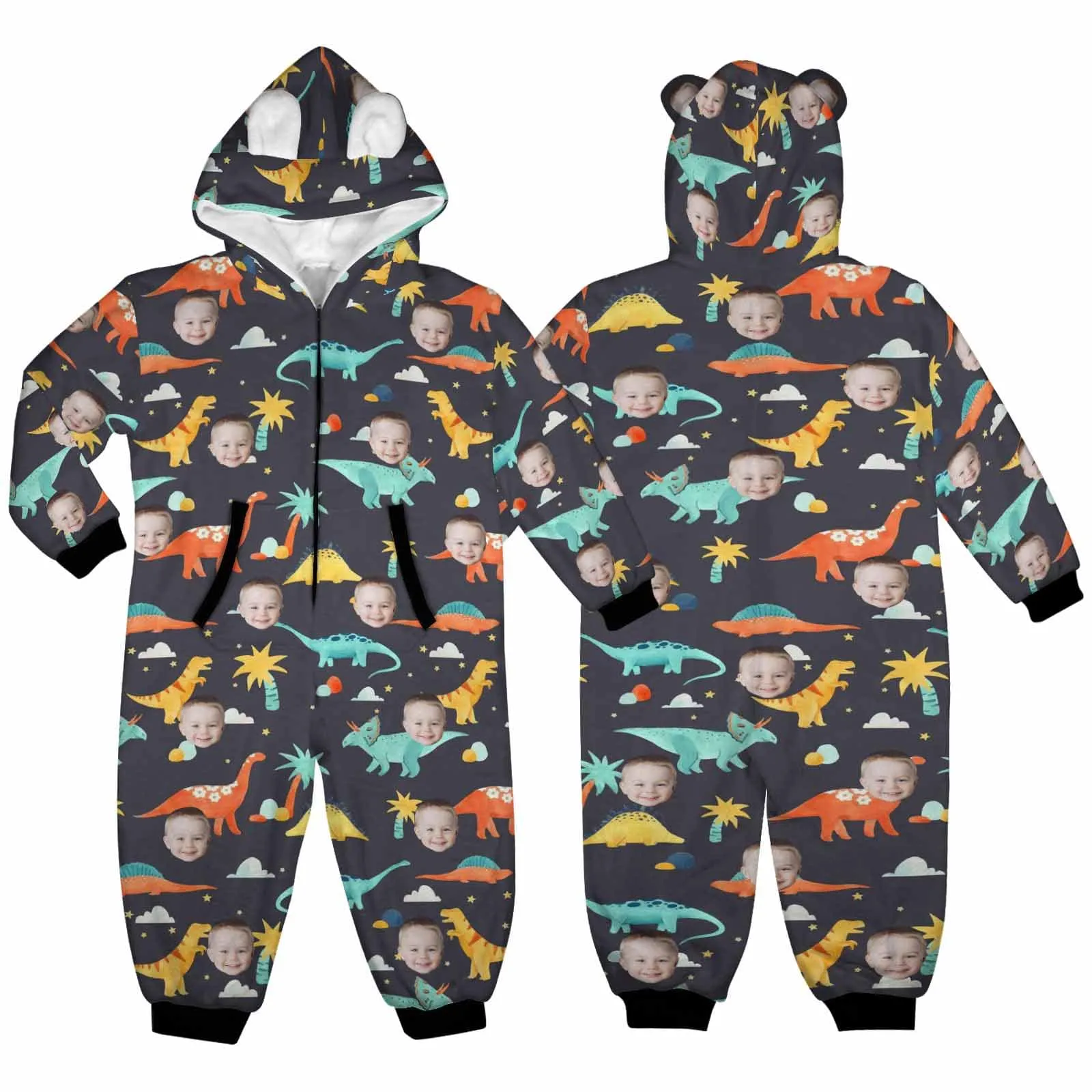 #For 2-15Y-Custom Face Dinosaur Children's Coral Fleece Comfortable And Warm Zipper Onesie Pajamas One Piece Sleepwear