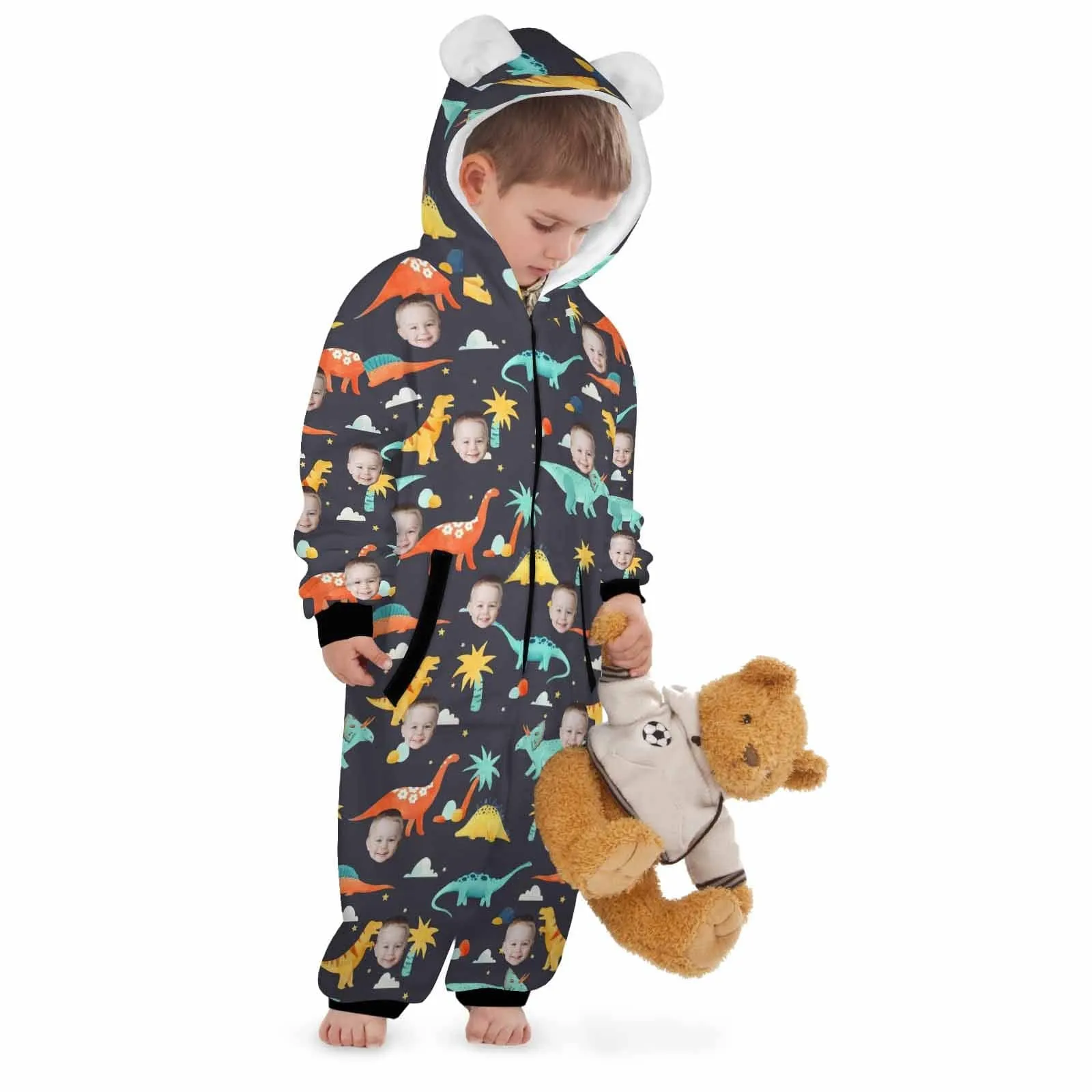 #For 2-15Y-Custom Face Dinosaur Children's Coral Fleece Comfortable And Warm Zipper Onesie Pajamas One Piece Sleepwear