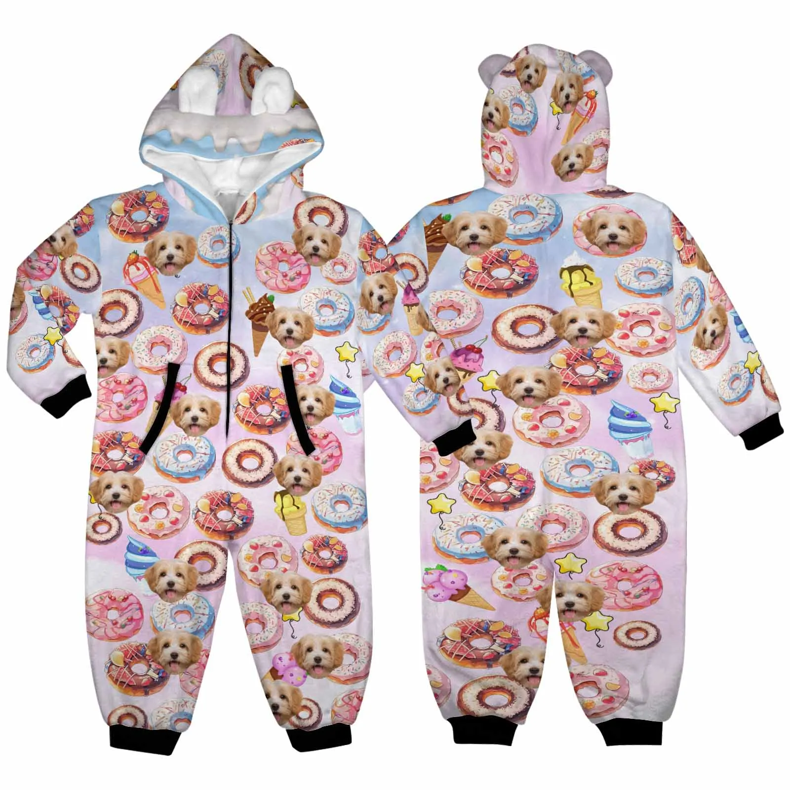 #For 2-15Y-Custom Face Donut Children's Coral Fleece Comfortable And Warm Zipper Onesie Pajamas One Piece Sleepwear