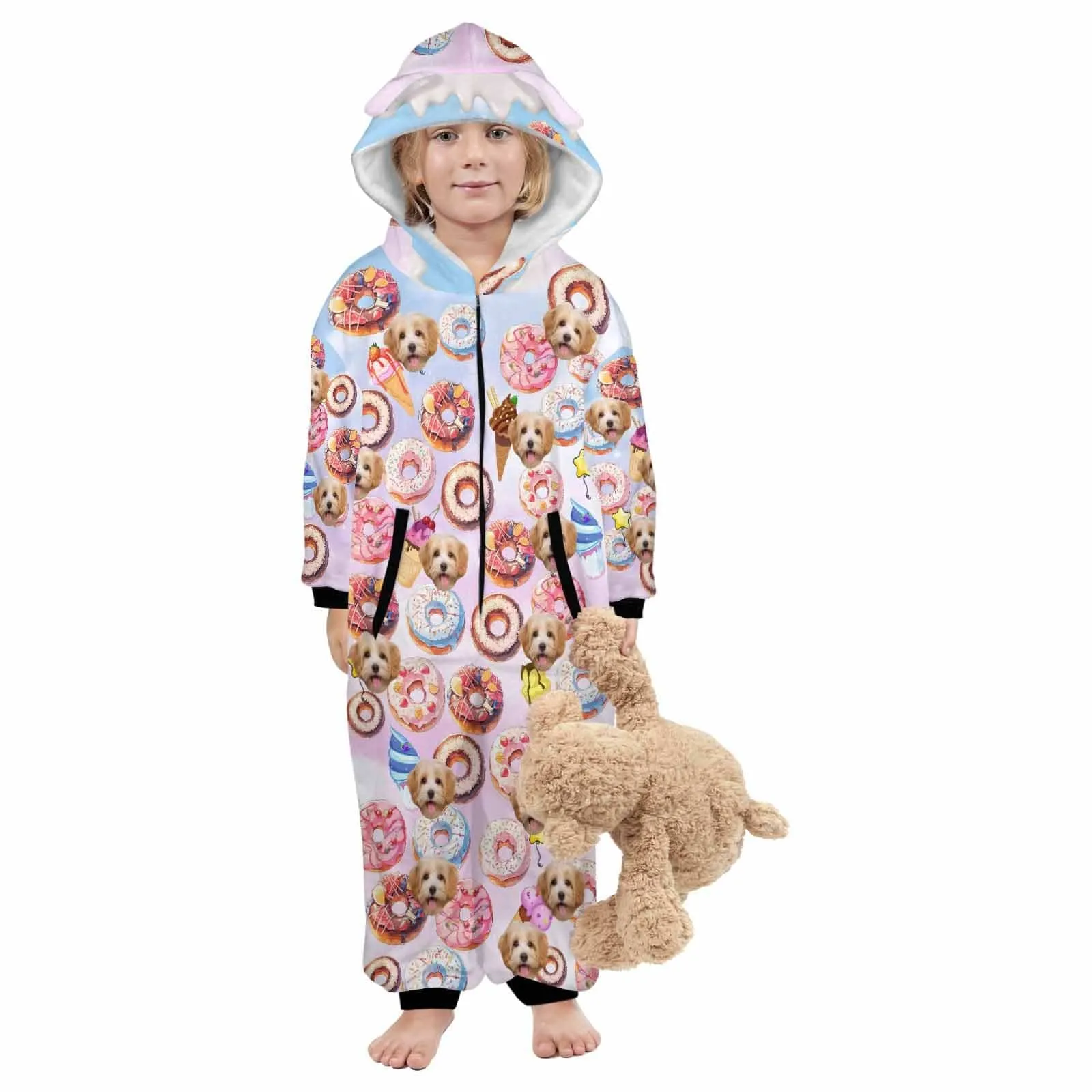 #For 2-15Y-Custom Face Donut Children's Coral Fleece Comfortable And Warm Zipper Onesie Pajamas One Piece Sleepwear