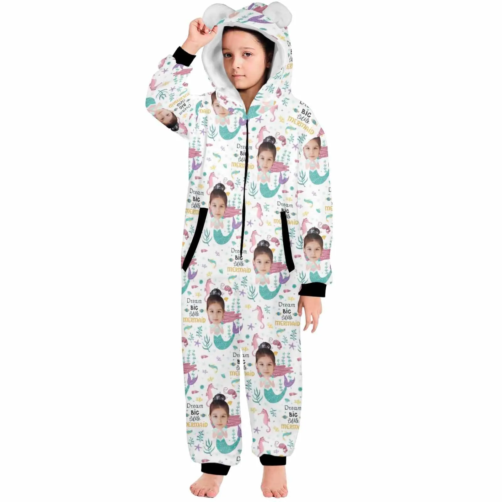 #For 2-15Y-Custom Face Mermaid Children's Coral Fleece Comfortable And Warm Zipper Onesie Pajamas One Piece Sleepwear